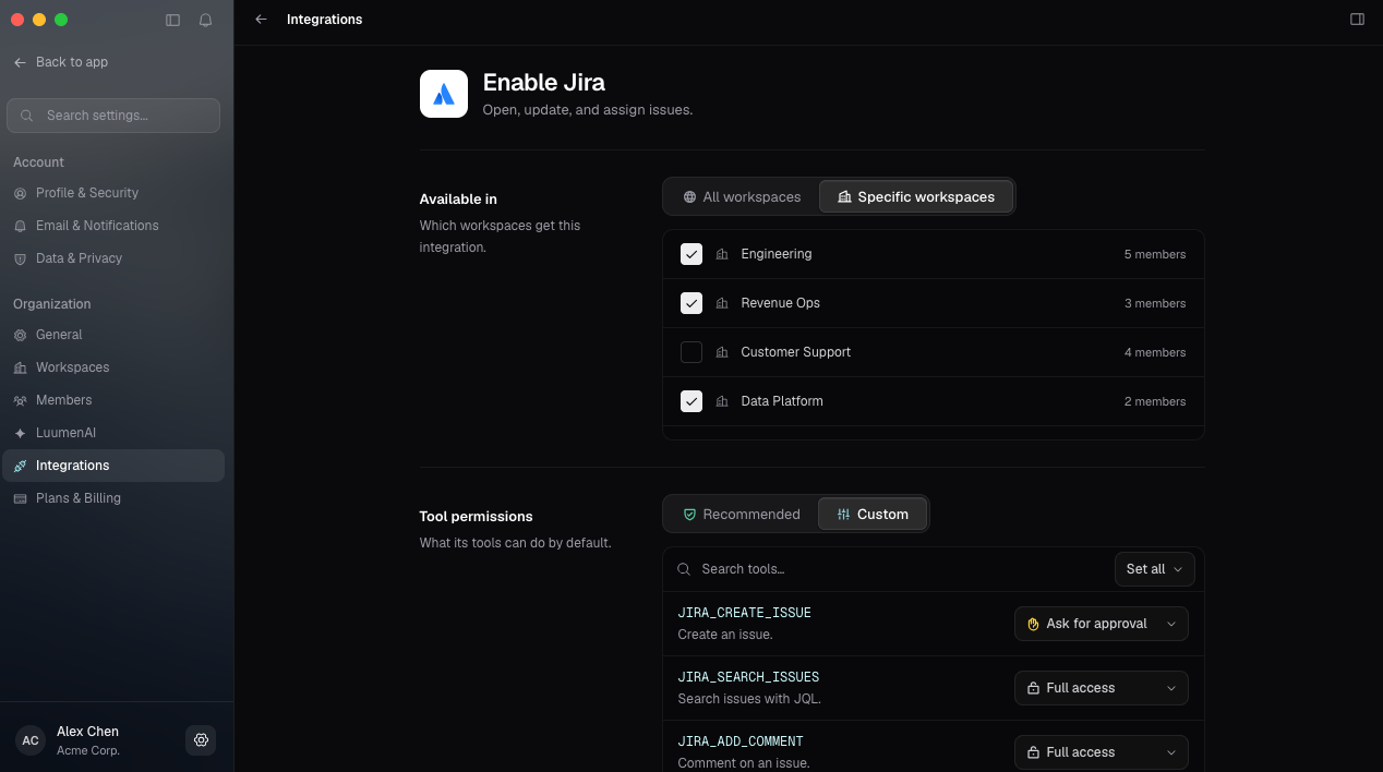 Enable Jira with custom tool permissions